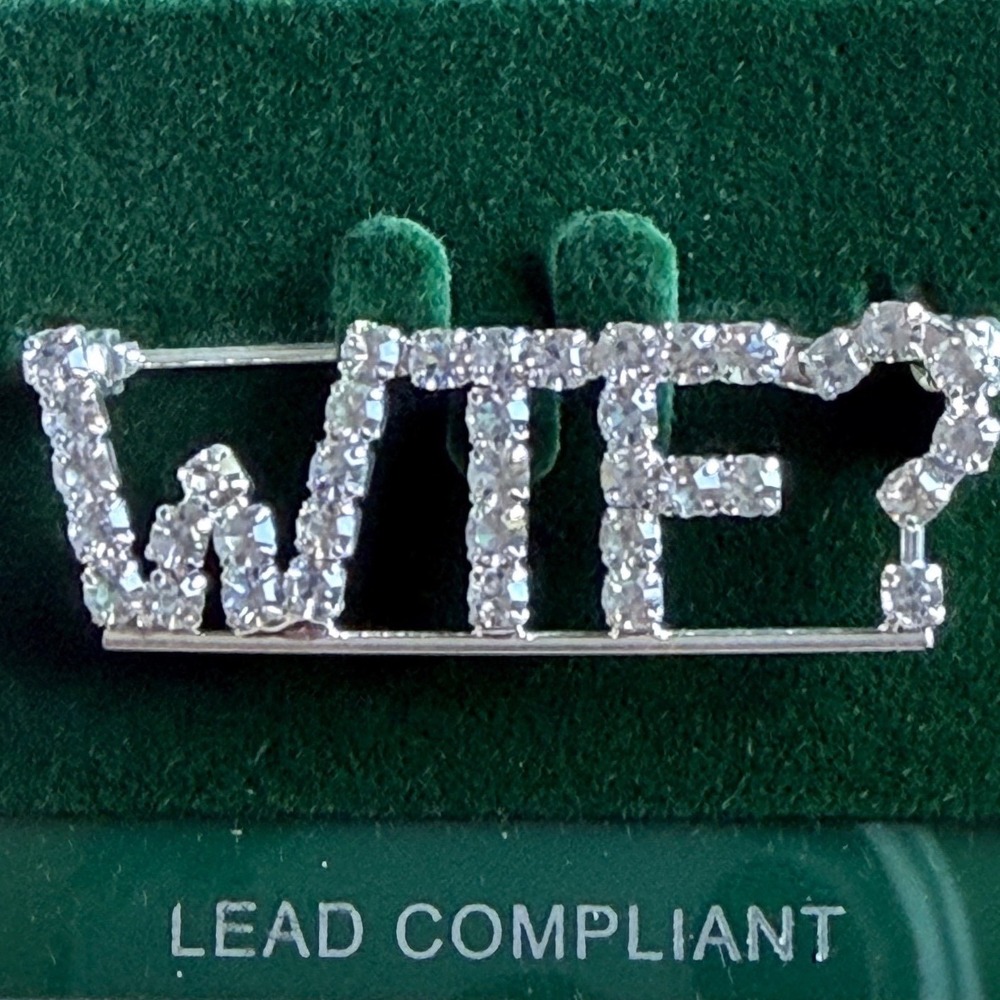 Silver Tone WTF? Rhinestone Brooch Pin Clear Crystal Novelty Statement Jewelry